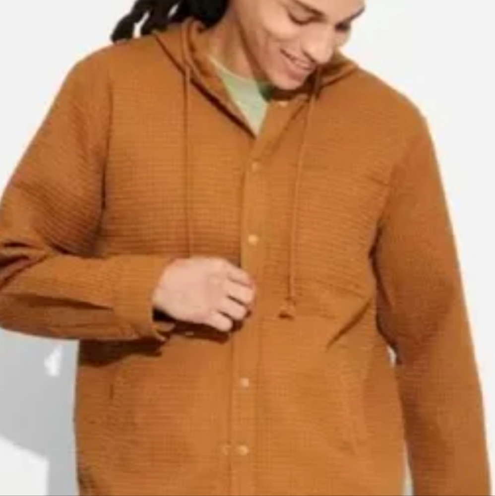 ❤️5/$25 New Mens Thick Coat Shirt Snap Down Cognac With Hood